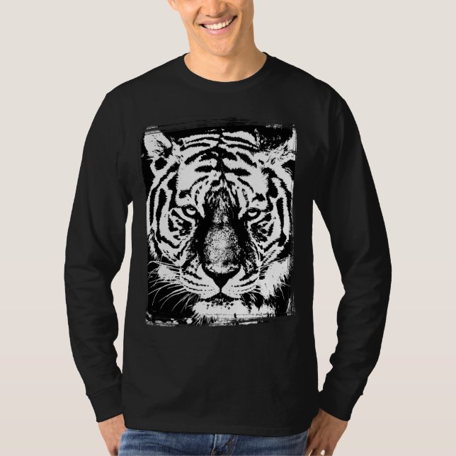 Mens Modern Trendy Long Sleeve Tiger Face Black T-Shirt (Front)