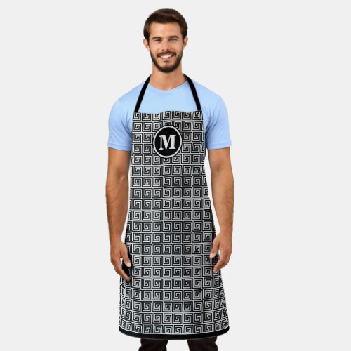 Mens Monogram Black Greek Key Meander Pattern Apron