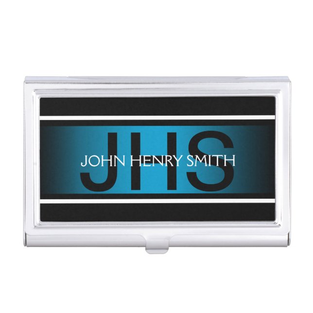 Men's monogram black white blue business card case (Front)