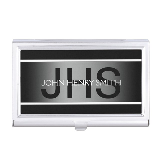 Men's monogram black white gray case for business cards (Front)