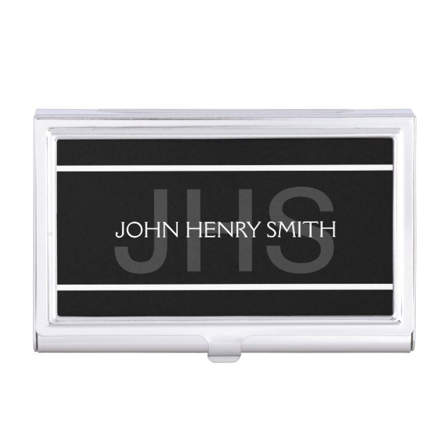 Men's monogram black white gray case for business cards (Front)