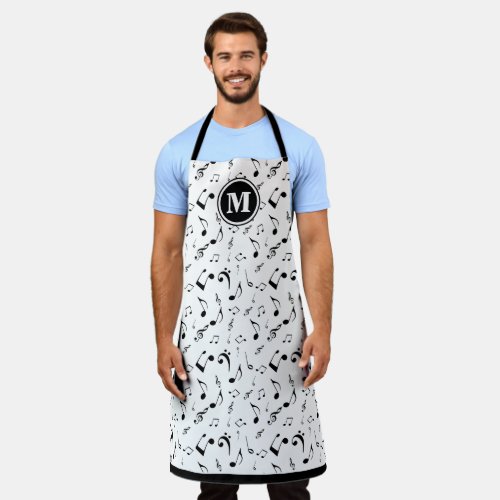 Mens Monogram Black White Music Notes Pattern Apron