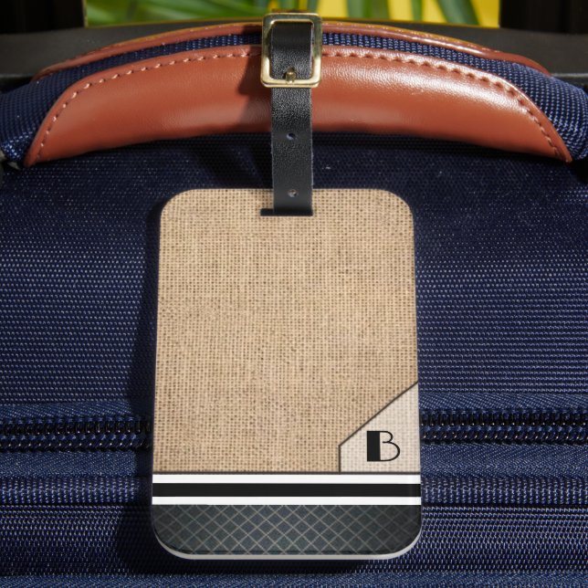 Men's Monogram Burlap Black Diamond Image Luggage Tag (Front Insitu 2)