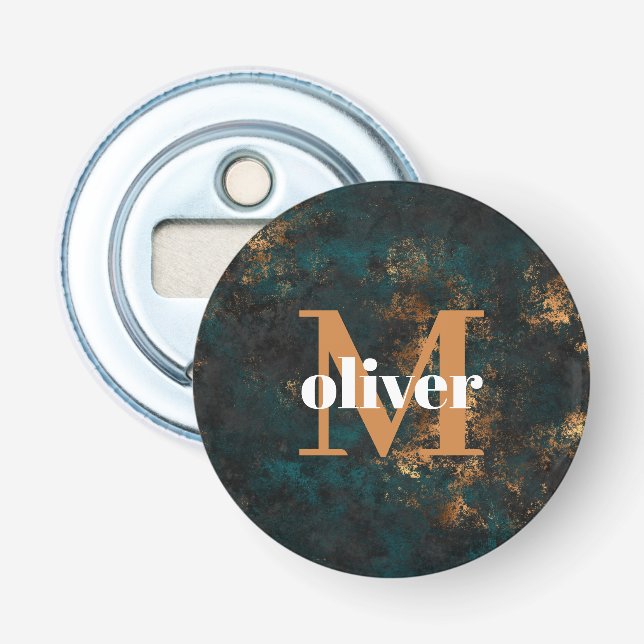 Men's Monogram Gold And Navy Teal Bottle Opener (Front)