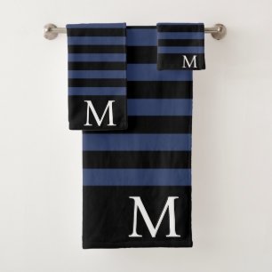 Men's Monogram Initial Black and Blue Stripes Bath Towel Set