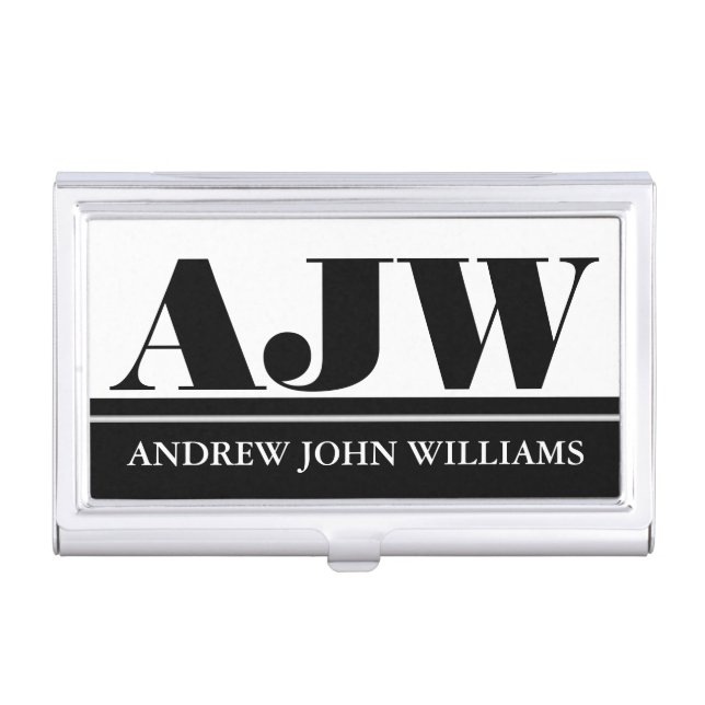Men's monogram masculine black white business card case (Front)