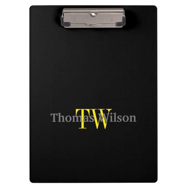 Men's Monogram Modern Minimalist Black & Gray Clipboard (Front)