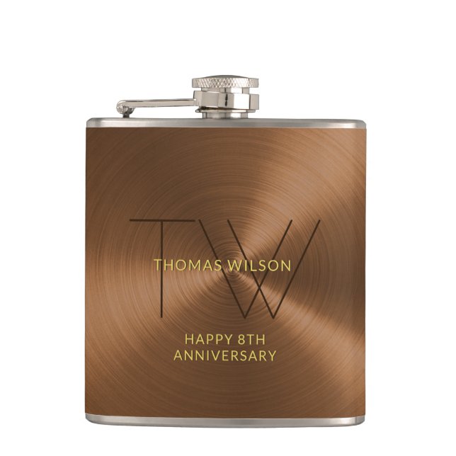 Mens Monogram Modern Minimalist Bronze Anniversary Flask (Front)