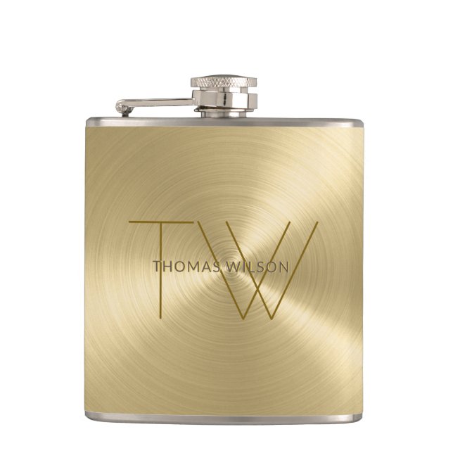 Men's Monogram Modern Minimalist Metallic Gold Flask (Front)