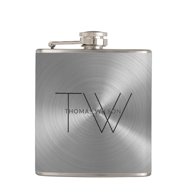 Men's Monogram Modern Minimalist Pewter Grey Flask (Front)