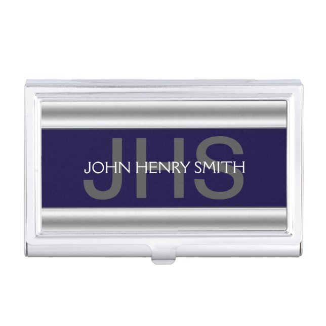 Men's monogram navy blue gray case for business cards (Front)