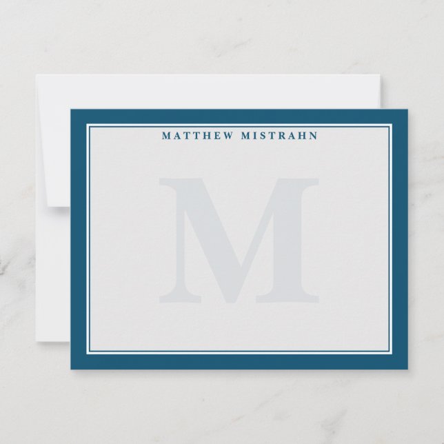 Men's Monogram Navy Blue Traditional Stationery Note Card (Front)