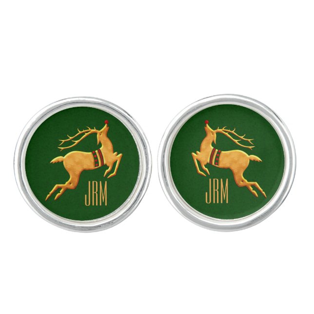 Men's Monogrammed Golden Reindeer Green Cufflinks (Front)