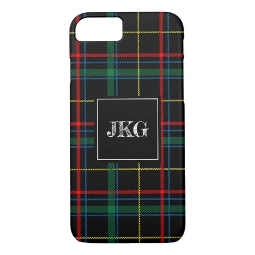 Mens Monogrammed Modern Black Green Plaid Check iPhone 87 Case