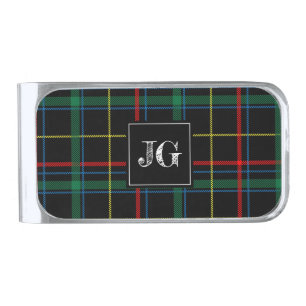Men's Monogrammed Modern Black Green Plaid Check Silver Finish Money Clip