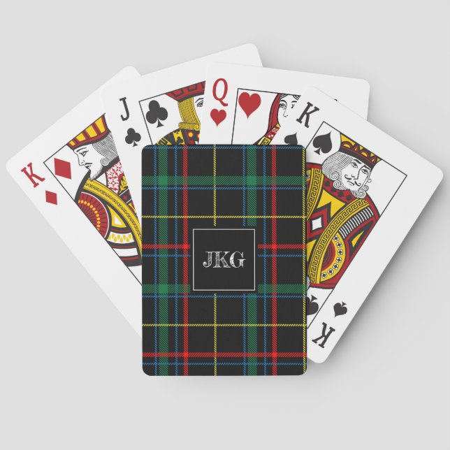 Men's Monogrammed Modern Black Green Plaid Tartan Poker Cards (Back)