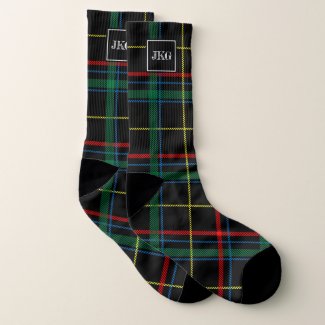 Men's Monogrammed Modern Black Green Plaid Tartan Socks