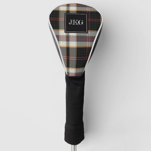 Men's Monogrammed Modern Black Red Plaid Check Golf Head Cover (Front)