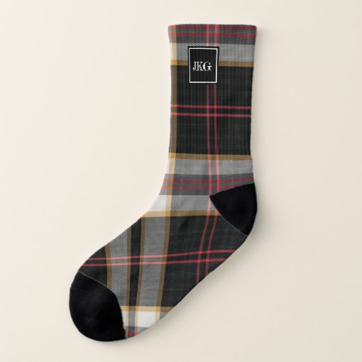 Men's Monogrammed Scottish Tartan Black Red Plaid Socks | Zazzle