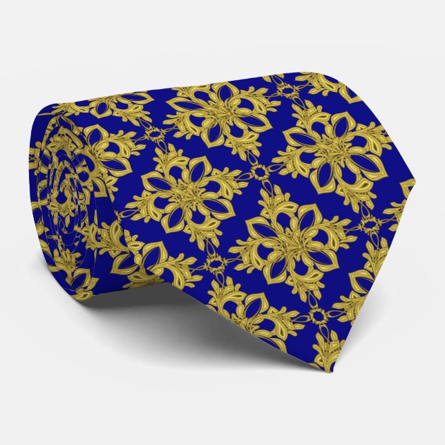 Men's Navy Blue and Faux Gold Pattern Neck Tie (Rolled)