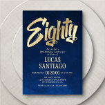 Men's Navy Gold 80th Birthday Invitation<br><div class="desc">A bold design for their big day. This adult men's birthday invitation design features bold gold text on a navy background. Perfect for dad or husband's birthday. Order your printed invitations and party supplies or download your digital invitations now for a day they'll never forget!</div>