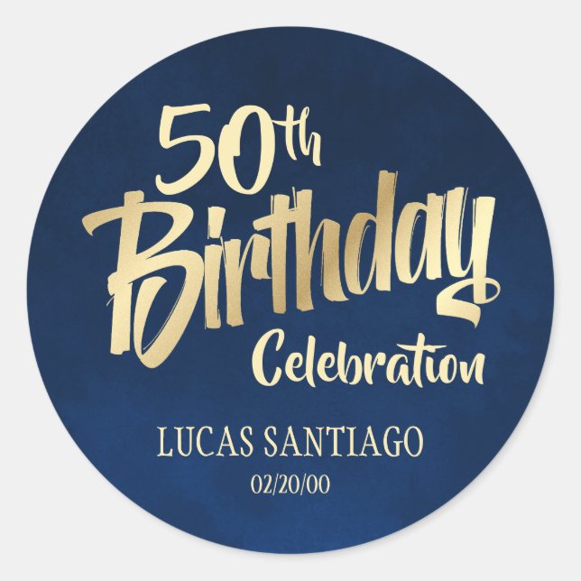 Men's Navy Gold Birthday Classic Round Sticker (Front)