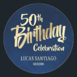Men's Navy Gold Birthday Classic Round Sticker<br><div class="desc">A bold design for their big day. This adult men's birthday invitation design features bold gold text on a navy background. Perfect for dad or husband's birthday. Order your printed invitations and party supplies or download your digital invitations now for a day they'll never forget!</div>