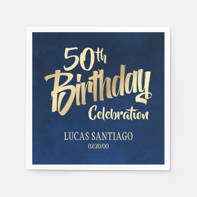 Men's Navy Gold Birthday Napkins (Front)