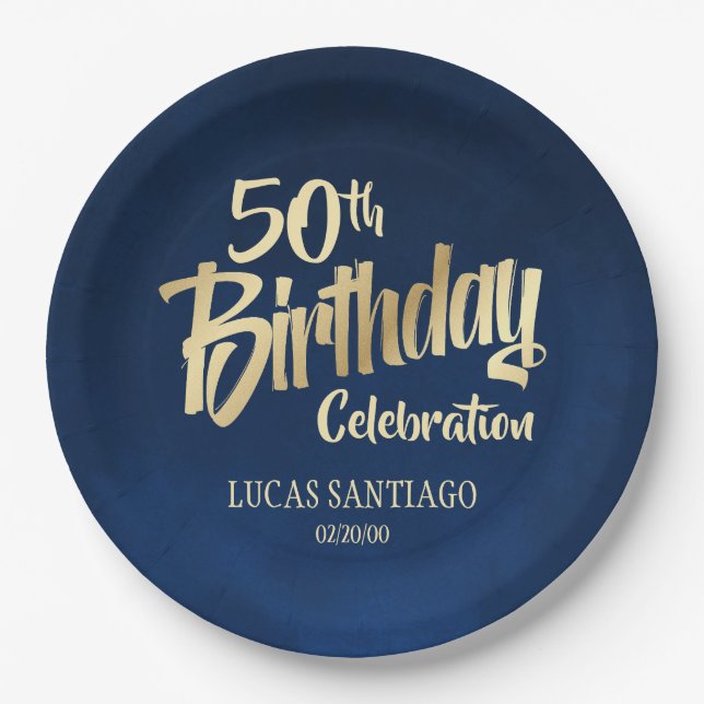 Men's Navy Gold Birthday Paper Plates (Front)