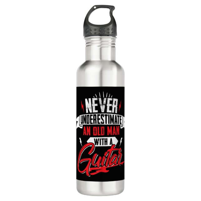 Mens Never Underestimate an Old man with a Guitar  Stainless Steel Water Bottle (Front)
