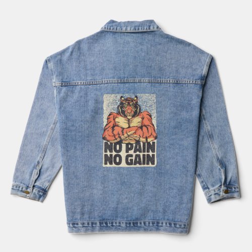 Mens No Pain No Gain Tiger With Muscles Gym Exerci Denim Jacket