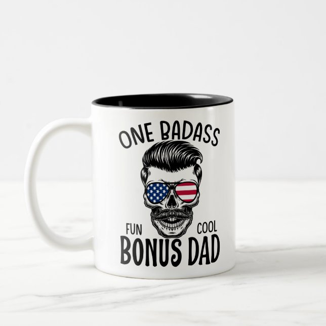 Mens One Badass Bonus Step Dad Funny Gift Birthday Two-Tone Coffee Mug (Left)