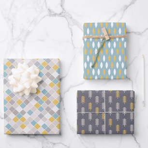 Men's Pantone Grey Gold Blue set of 3 Wrapping Paper Sheets