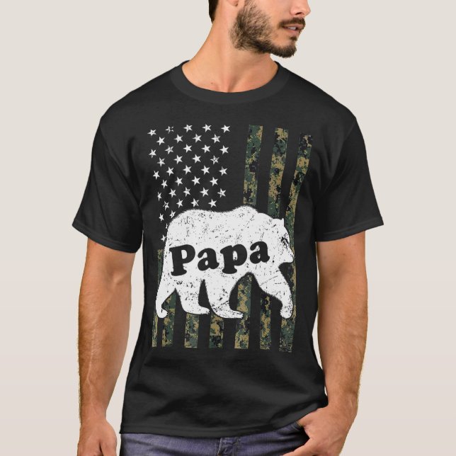 Mens Papa Bear  Camouflage  American Flag T-Shirt (Front)