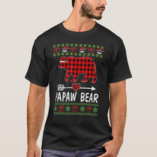 Mens Papaw Bear Santa Red Plaid Family Pajamas For T-Shirt (Front)