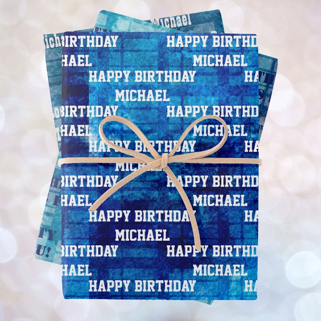 Men's Personalize Birthday Sayings 3 Blue Wrapping Paper Sheets (Creator Uploaded)