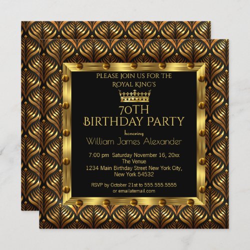 Mens Photo 70th Birthday Party Crown Gold Art Deco Invitation