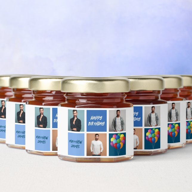 Mens Photo Collage Custom Birthday Party Honey Jar Favors (Multi)