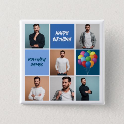 Mens Photo Collage Custom Blue Birthday Party Button
