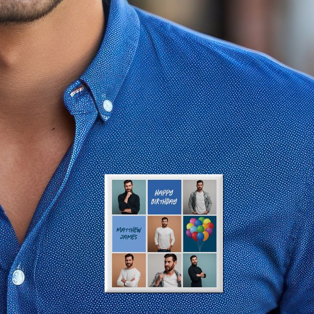 Mens Photo Collage Custom Blue Birthday Party Button (Creator Uploaded)