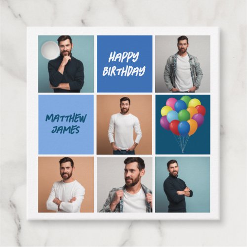 Mens Photo Collage Custom Blue Birthday Party Favor Tags