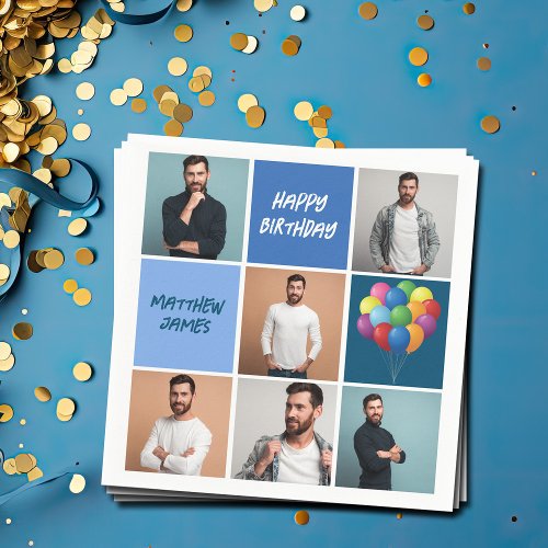 Mens Photo Collage Custom Blue Birthday Party Napkins