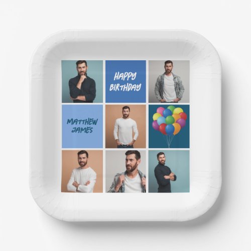 Mens Photo Collage Custom Blue Birthday Party Paper Plates