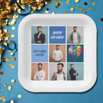 Mens Photo Collage Custom Blue Birthday Party Paper Plates