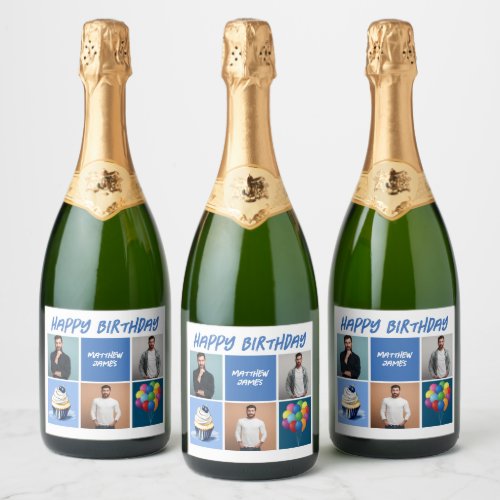 Mens Photo Collage Custom Blue Birthday Party Sparkling Wine Label