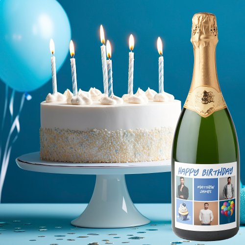 Mens Photo Collage Custom Blue Birthday Party Sparkling Wine Label