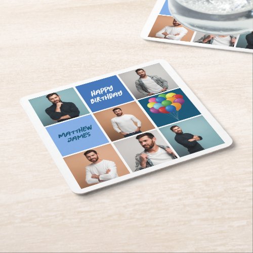 Mens Photo Collage Custom Blue Birthday Party Square Paper Coaster