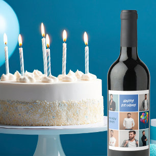 Mens Photo Collage Custom Blue Birthday Party Wine Label