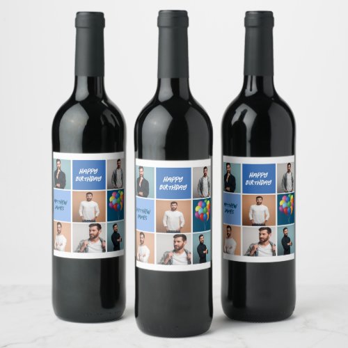 Mens Photo Collage Custom Blue Birthday Party Wine Label