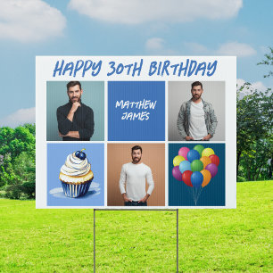 Mens Photo Collage Custom Blue Birthday Party Yard Sign